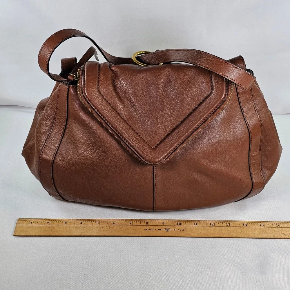 Vince Camuto Lenka Cognac Brown Pebbled‎ Leather V-Flap Shoulder Bag Hobo Purse